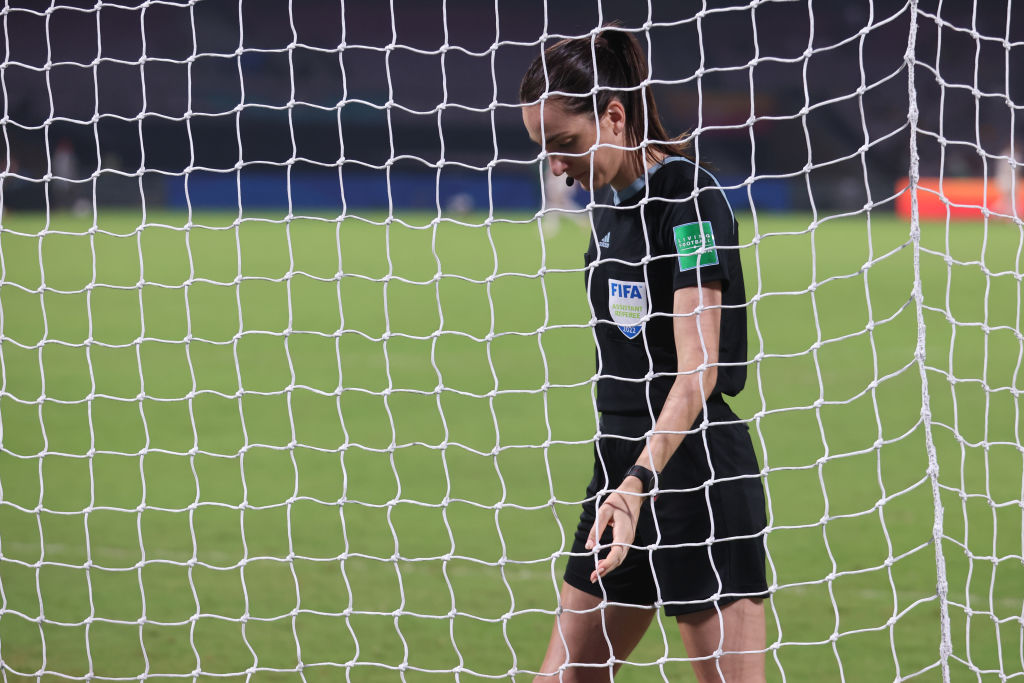 Assistent referee Joanna Charaktis controls the goal net before the FIFA U-17 Women's World Cup 2022 Group C match between Spain and Mexico at DY Patil Stadium at DY Patil Stadium on October 15, 2022 in Navi Mumbai, India. (Photo by Joern Pollex - FIFA/FIFA via Getty Images)