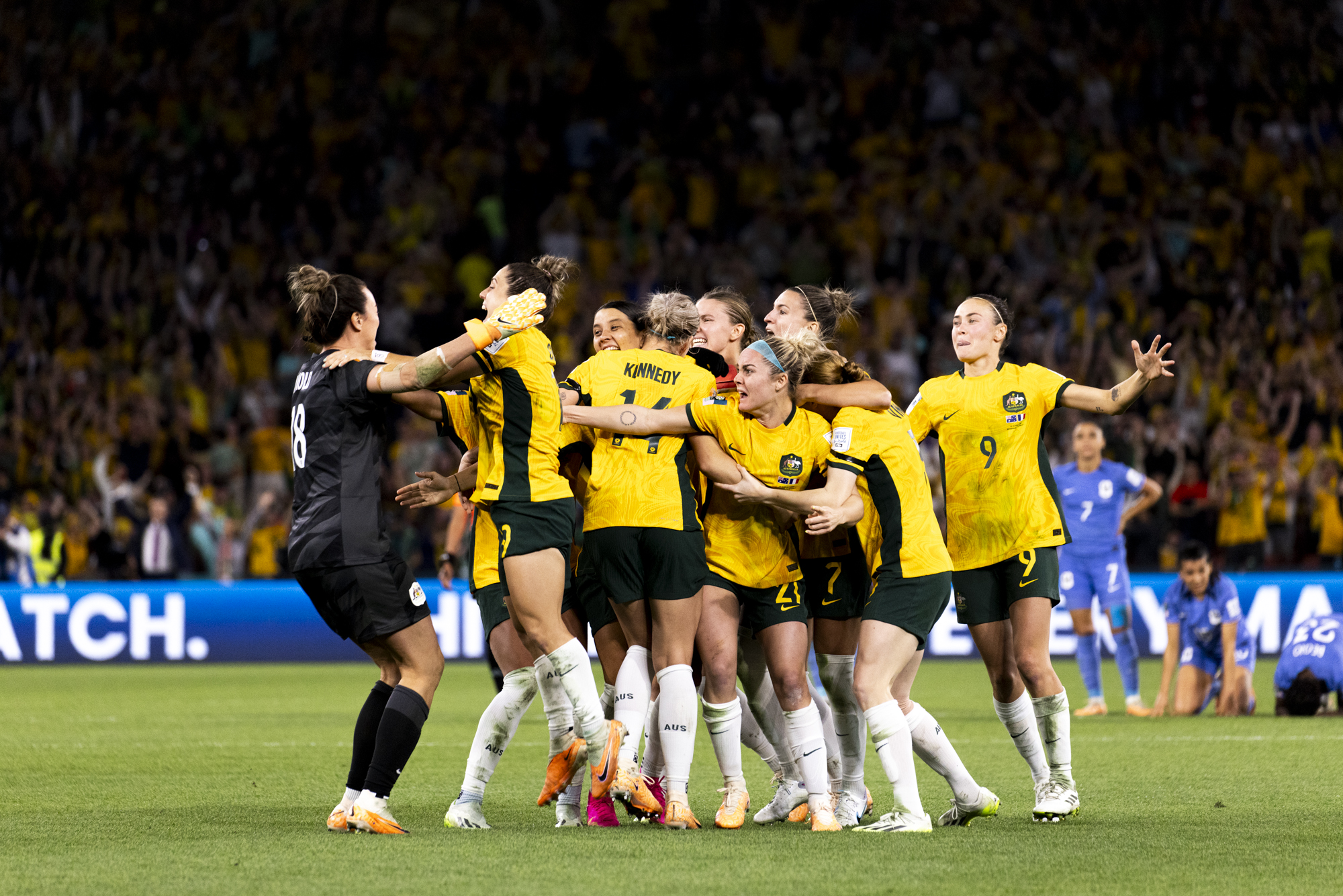 Australia celebrates following their penalty shoot out win over France during the FIFA Women's World Cup. (Photo: Kelsey Zafiridis)