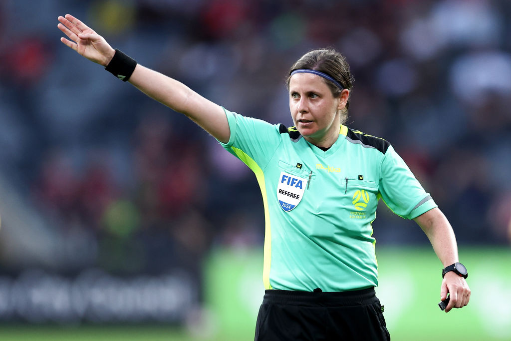 Referee, Casey Reibelt gestures during the round 11 A-League Men match between Western Sydney Wanderers and Macarthur FC at CommBank Stadium, on January 01, 2025, in Sydney, Australia. (Photo by Brendon Thorne/Getty Images)