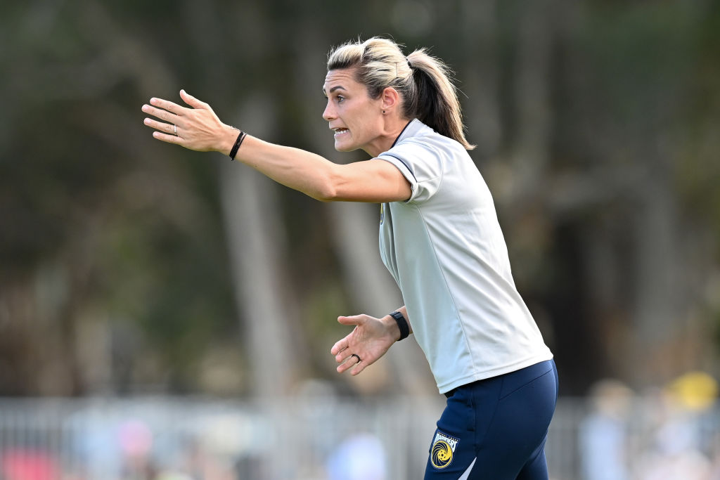 Coach Emily Husband of the Mariners reacts during the round 10 A-League Women's match between Central Coast Mariners and Adelaide United at Woy Woy Oval, on January 04, 2025, in Central Coast, Australia. (Photo by Izhar Khan/Getty Images)