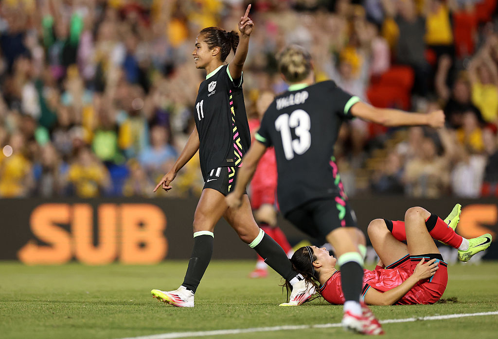 Mary Fowler of Australia celebrates scoring a goal during the International Friendly match between Australia Matildas and Korea Republic at McDonald Jones Stadium on April 07, 2025 in Newcastle, Australia. (Photo by Cameron Spencer/Getty Images)