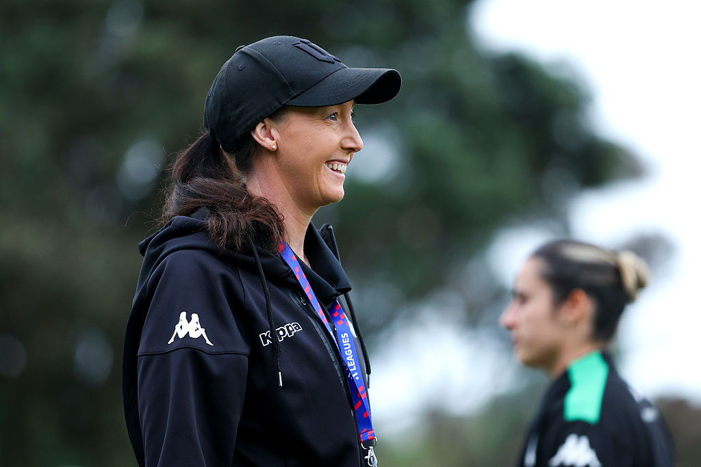 Coach Kat Smith of Western United looks on prior to the round 23 A-League Women's match between Wellington Phoenix and Western United at Porirua Park, on April 20, 2025, in Wellington, New Zealand. (Photo by Hagen Hopkins/Getty Images)