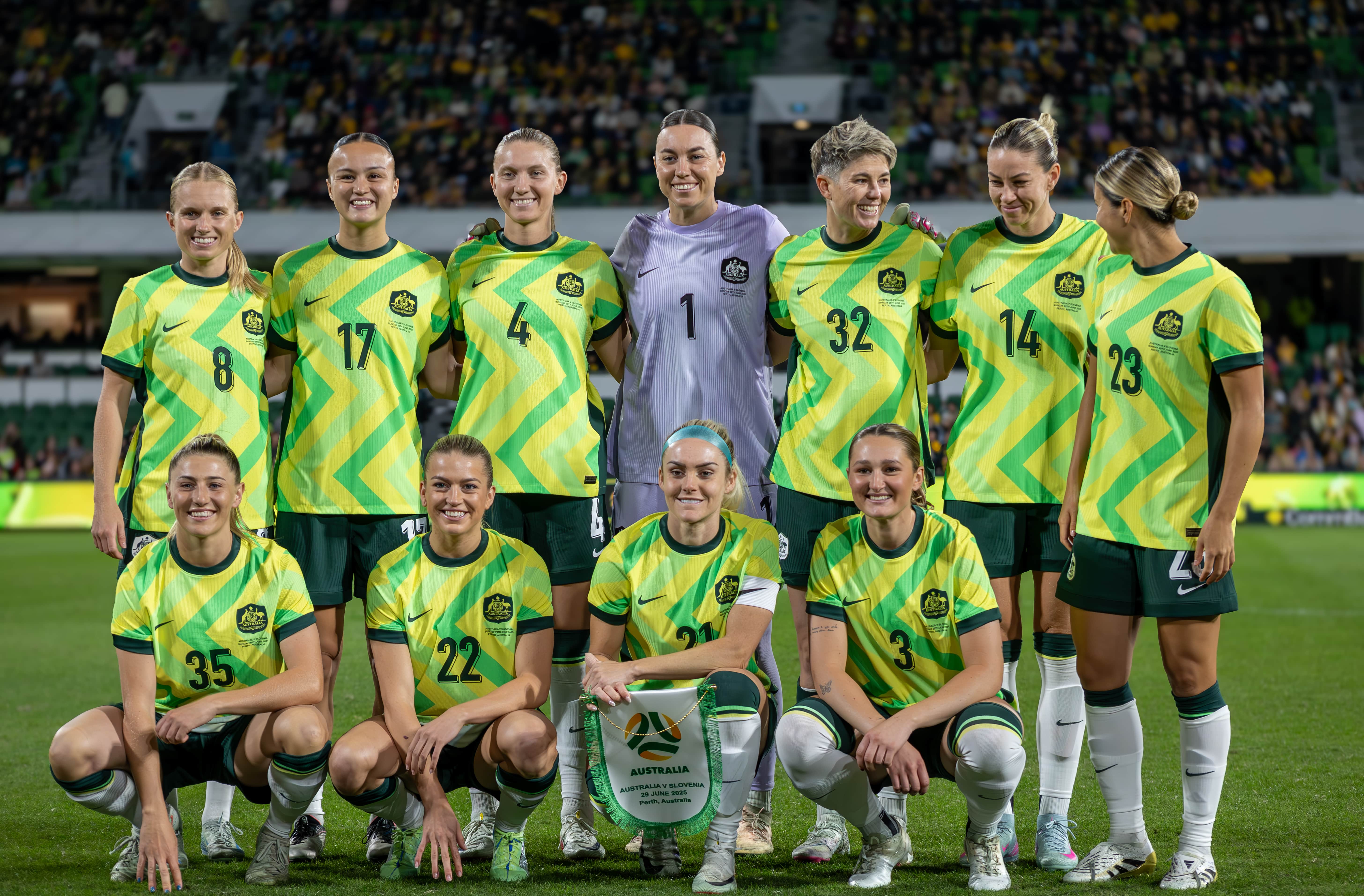 The Matildas line up before the start of their game
