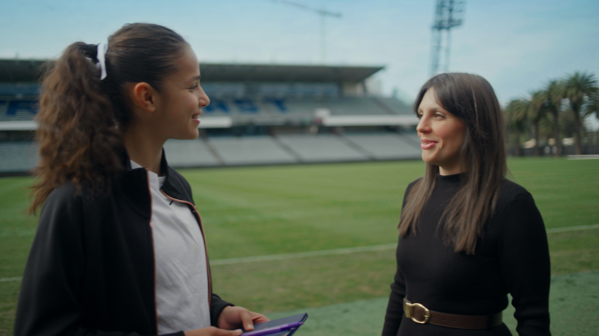 CommBank Junior Matilda Talia Younis and Central Coast Mariners CEO Alyssar Narey in conversation.