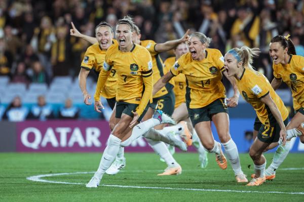 Steph Catley after scoring from a penalty v Rep of Ireland at the FIFA Women's World Cup 2023 - Tiffany Williams