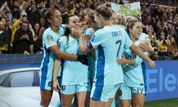 Matildas celebrating Hayley Raso's goal - Tiffany Williams